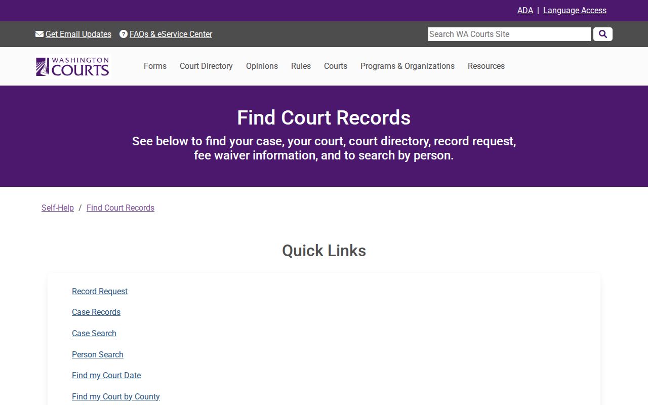 Washington Courts guide to searching Douglas County case records